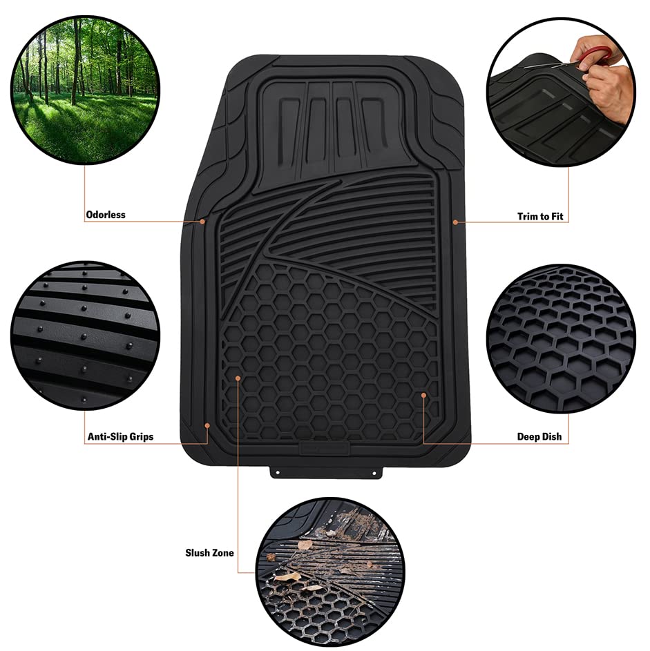 Amazon Basics Heavy Duty Car Floor Mat, PVC Faux Rubber, with Carpet Backing, Universal Deluxe All-Weather Trim to Fit for 95% Automotive SUV Sedans Trucks, 4-Piece, Solid Black