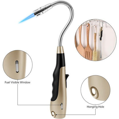 Butane Lighter Torch Long Jet Flame Windproof Lighter with Visual Fuel Window for Fireplace Kitchen Grill BBQ Camping, Gold (No Butane Included)