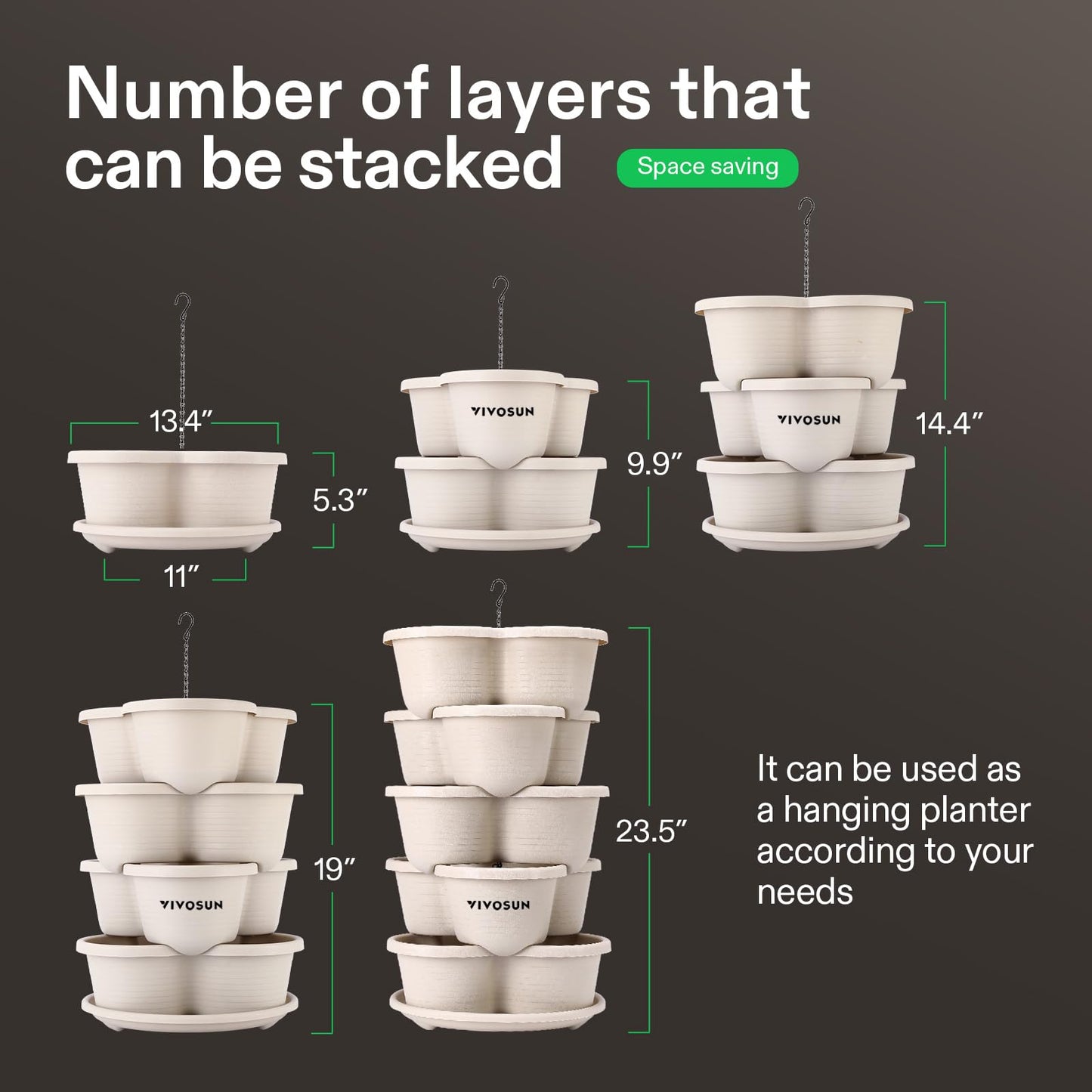 VIVOSUN 2-Pack 5 Tier Vertical Gardening Stackable Planter for Strawberries, Flowers, Herbs, Vegetables, Ivory