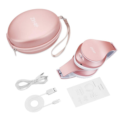 ZIHNIC Bluetooth Headphones Over-Ear, Foldable Wireless and Wired Stereo Headset Micro SD/TF, FM for Cell Phone,PC,Soft Earmuffs &Light Weight for Prolonged Wearing(Rose Gold)