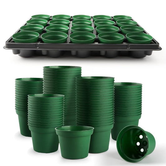 RooTrimmer 3 Inch Nursery Pots 100 Pcs with 5 Pcs 20 Cell Nursery Pot Trays, 5 Sets Seed Starting Kit for Seedlings, Propagation and Home Gardening, Sturdy Green Seeds Starter Pot Tray Germination Set