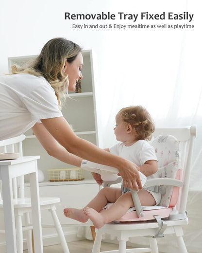 UBRAVOO 2in1 Portable Toddler Booster Seat, Grow with Baby Booster Seat for Dining Table with Removable Tray & Seat Pad, high Chair for Travel, ACE1013 Pink Flamingos