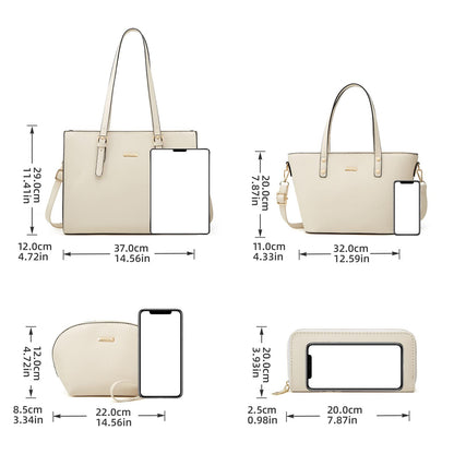 Women Fashion Synthetic Leather Handbags Tote Bag Shoulder Bag Top Handle Satchel Purse Set 4pcs