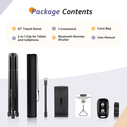 Aureday Adjustable Tripod Stand, 67” Height, Tablet Holder for iPad mini/Air/Pro, Kindle, Switch, Smartphones, 4.7”-12.9” Devices