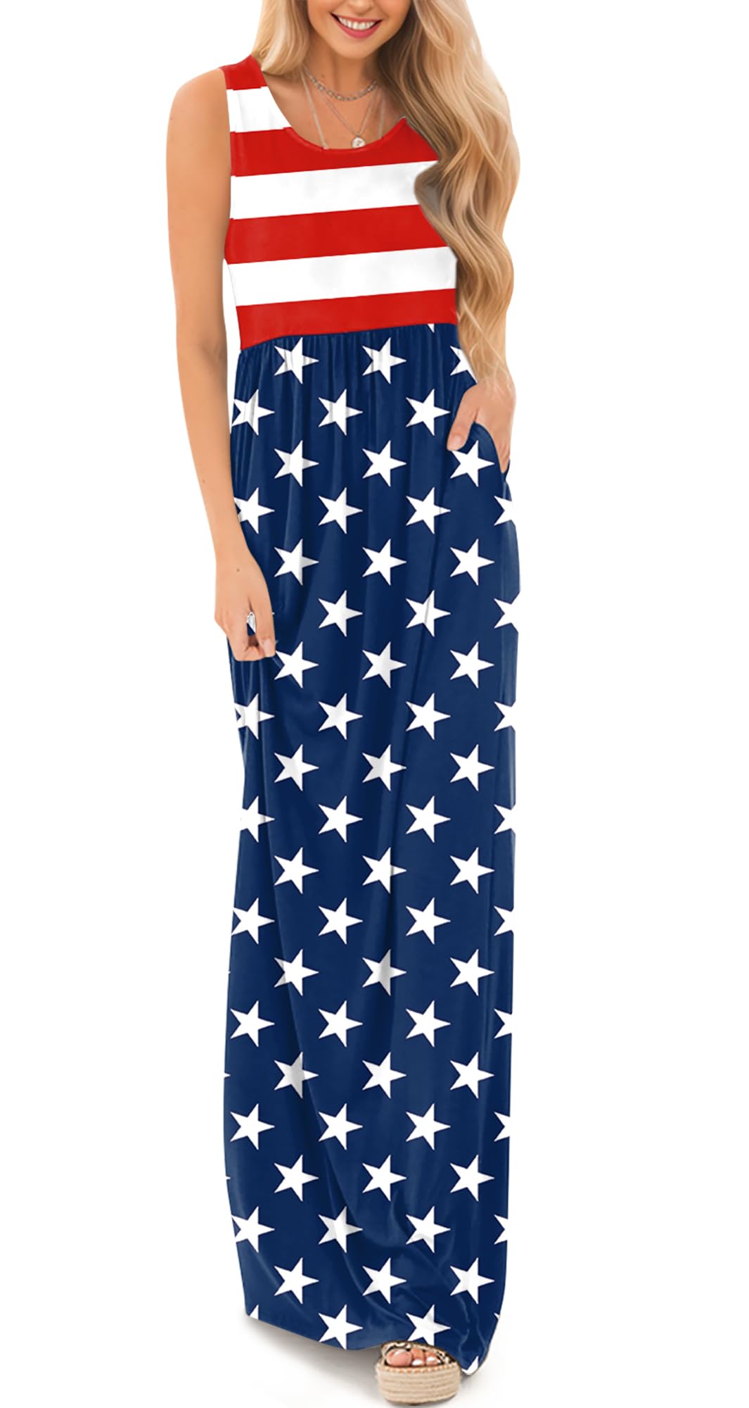 4th of July Stars and Stripes Sundress Patriotic Casual Sleeveless Maxi Dress American Flag M