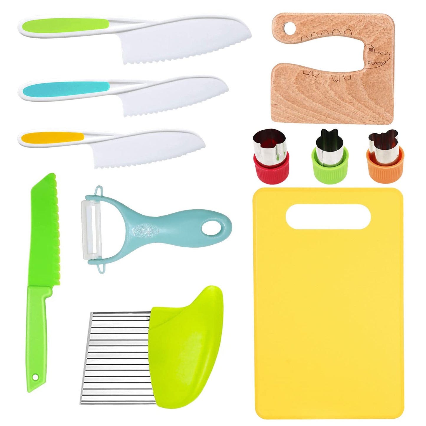 RISICULIS 11 Pieces Wooden Kids Kitchen Knife, Kids Kitchen Set Include Wood Knife, Serrated Edges Plastic Toddler Knife, Crinkle Cutter, Sandwich Cutter, Y Peeler, Cutting Board