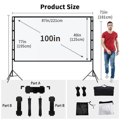 TOWOND Projector Screen with Stand, 100 inch Outdoor Projector Screen Portable Indoor Projection Screen 16:9 4K Rear Front Movie Screen with Carry Bag for Home Backyard Theater