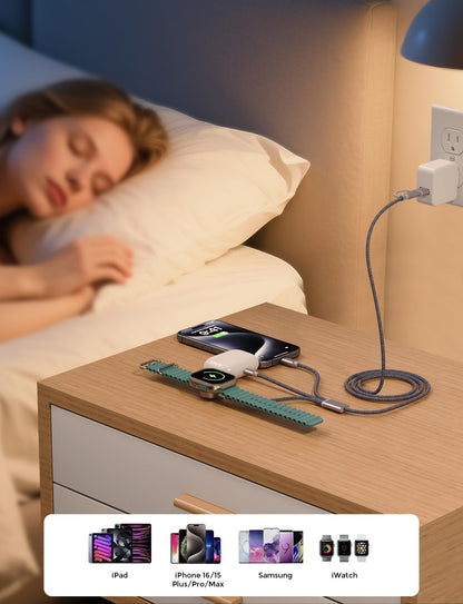 Travel Essentials,3 in 2 USB C Cable for Apple Watch Charger/iPhone Charger,Multi Charging Cable,Vacation RV Camping Essentials,Portable for iWatch Series 11-2/Ultra/SE& iPhone 17-12,Car,Xbox-4FT