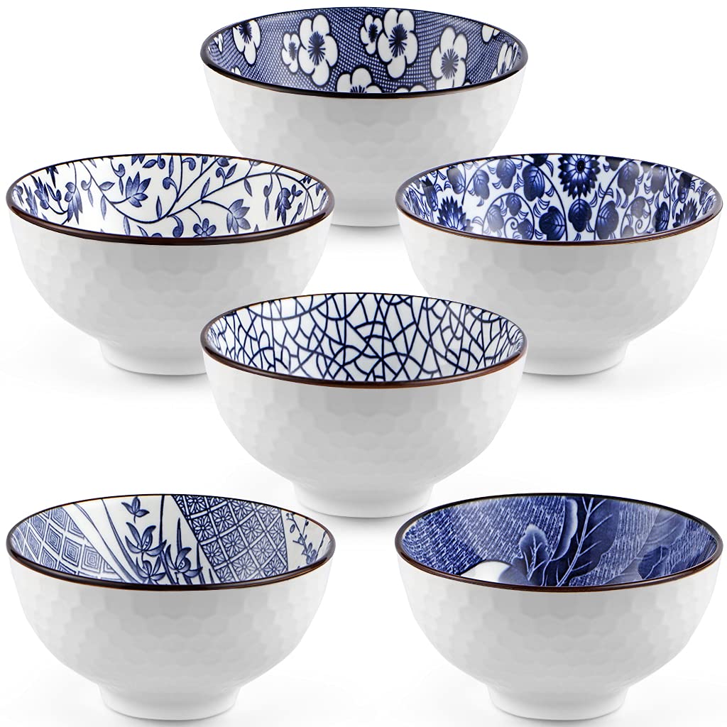 Sanbege Ceramic Rice Bowls 10 oz, Japanese Style Bowl Gift Set, Assorted Dinnerware Serving Bowls for Cereal, Soup, Dessert, Snack, Fruit, Salsa, Pack of 6 (Blue and White)
