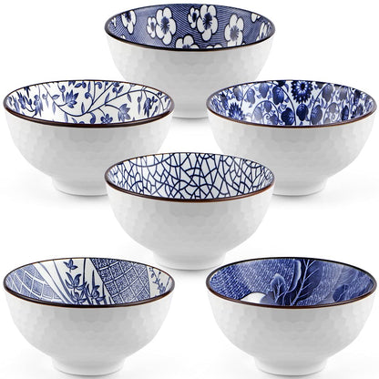 Sanbege Ceramic Rice Bowls 10 oz, Japanese Style Bowl Gift Set, Assorted Dinnerware Serving Bowls for Cereal, Soup, Dessert, Snack, Fruit, Salsa, Pack of 6 (Blue and White)