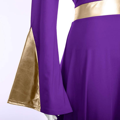 Women Girls Adult Full Length Bell Long Sleeves Loose Fit Liturgical Praise Dance Dress Ruffle Swing Casual Ballet Dance Costume Birthday Party Outfit Maxi Gowns Ballet Praisewear Purple + Gold XS