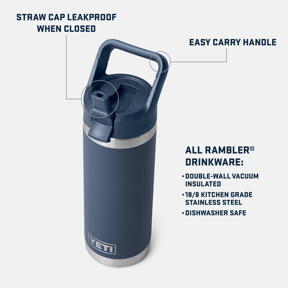 YETI Rambler 18 oz Bottle, Vacuum Insulated, Stainless Steel with Straw Cap, Navy