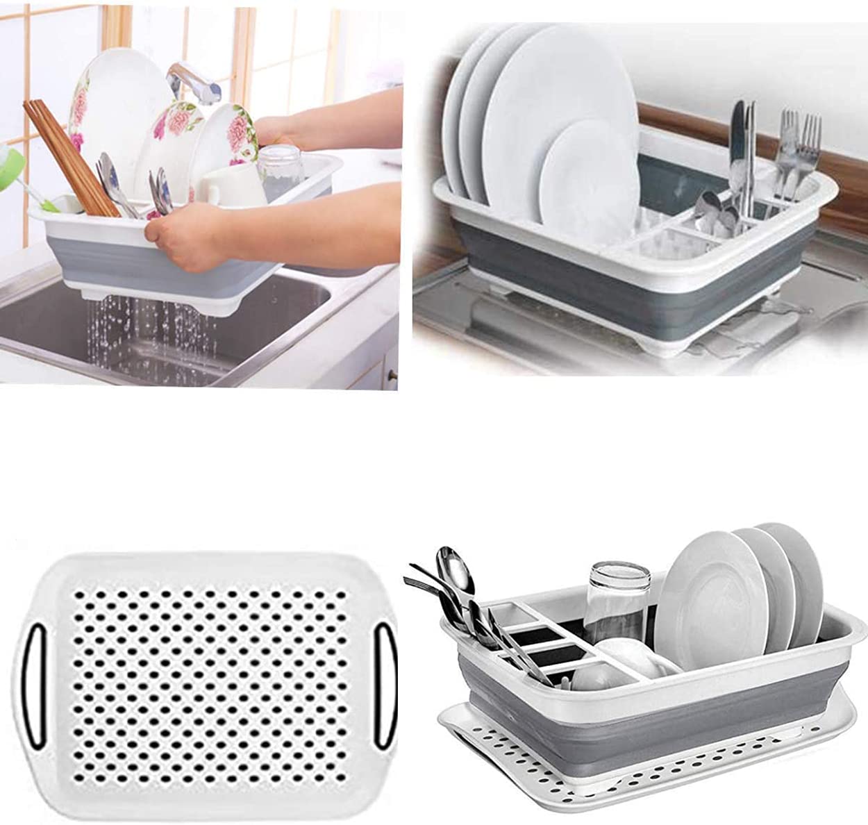 Ahyuan Collapsible Dish Drying Rack Portable Dinnerware Drainer Organizer for Kitchen RV Campers Travel Trailers Space Saving Kitchen Storage Rack Tray (with Drainboard)