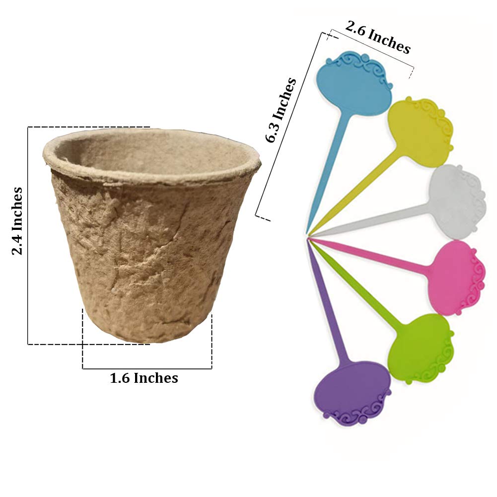 FDGARDEN Biodegradable Peat Pots for seedlings, 100 Pack Plant Seed Starter Pots Kit, 2.36inch Succulent Planter Nursery Pots with 10 Plant Markers, Garden Germination Kits