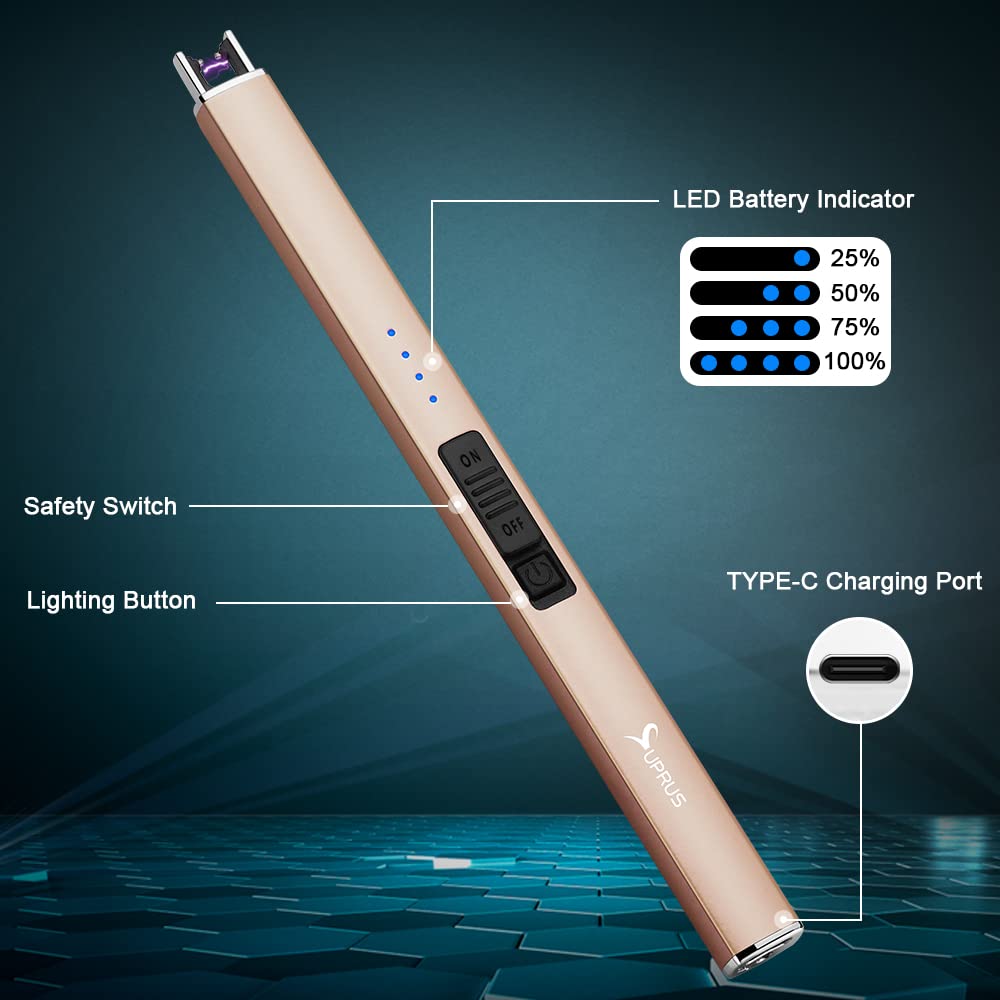 SUPRUS Electric Lighter Arc Windproof Flameless USB Rechargeable Lighter with Safety Lock for Candle BBQ Camping (Champagne Gold)