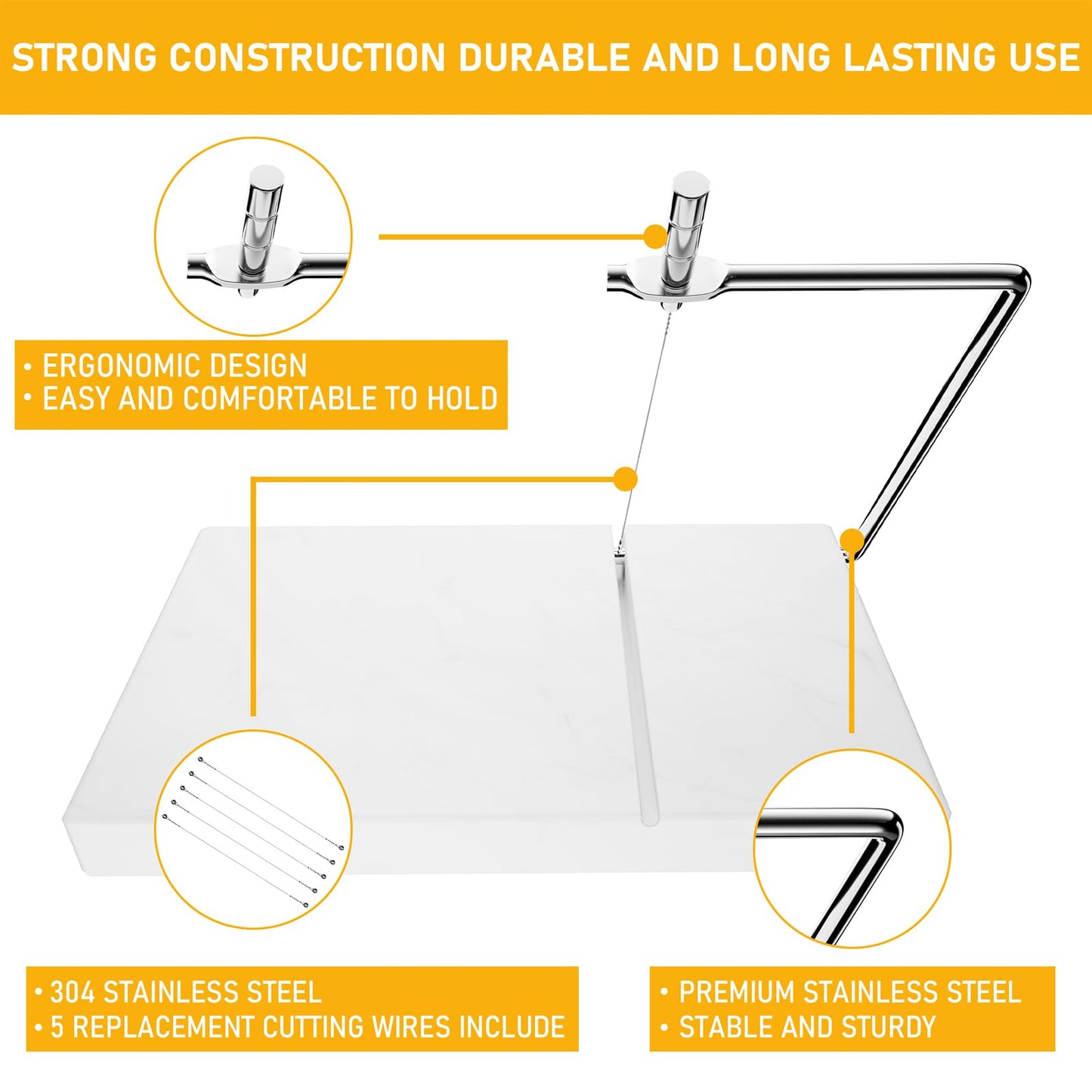 TOPULORS Cheese Slicer with 5 Replacement Upgrade Thick Cutting Wires - Heavy Duty 5"x8" Handheld Marble Board Cutter for Block Cheese, Butter - Kitchen Gadget Slicers Tool - White