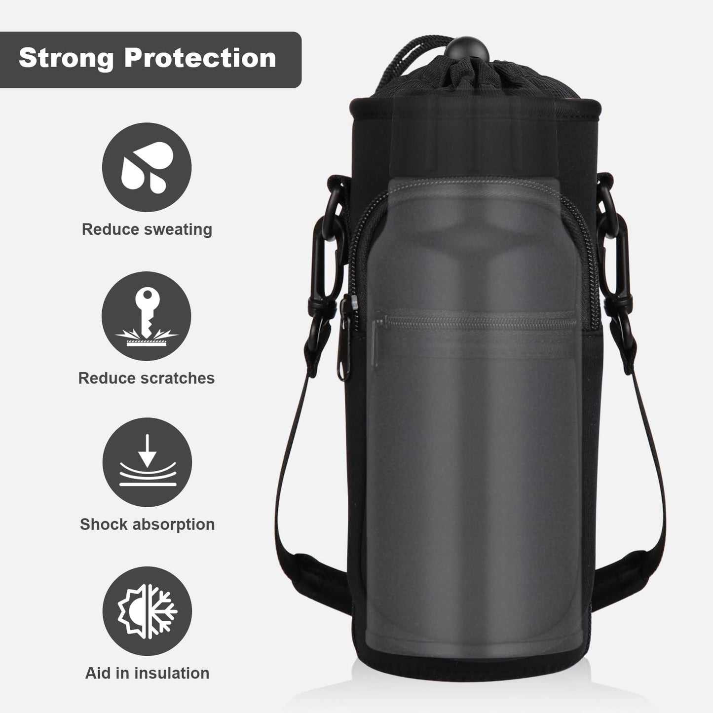 Bstge Water Bottle Holder with Strap, Water Bottle Carrier Bag with Phone Pocket, Shoulder Hand Strap Insulated Neoprene 32 oz Water Bottle Sleeve for Walking Hiking Camping Gym(black)
