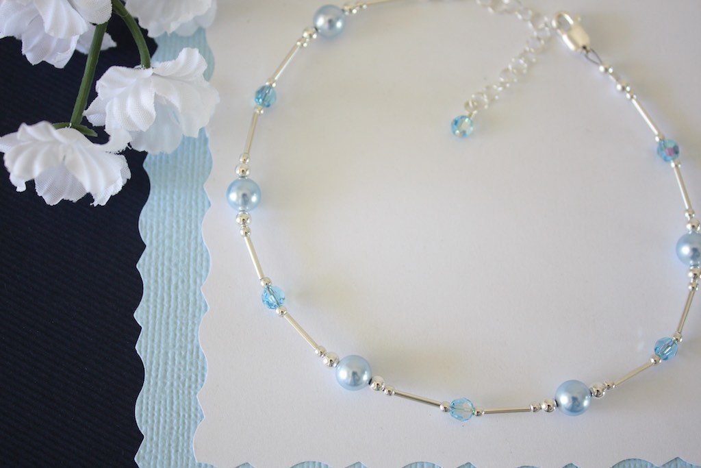 Something Blue Bride Gift Anklet, Sterling Silver and Blue Crystal Pearl and Crystal Wedding (Large 9 1/2" to 11")