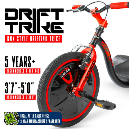 Drift Trike for Kids Ages 5+ – 16" Front Wheel Ride-On with Adjustable Seat, Steel Frame, Rear Slick Drift Wheels & Safety Flag – Madd Gear - (Black Red)