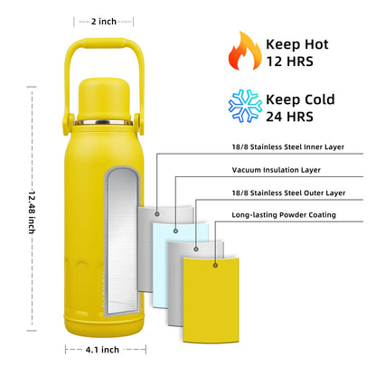 BJPKPK Insulated Thermal Water Bottle Double Wall with Handle and Lid 50oz Stainless Steel Water Bottles for Cold and Hot Beverages,Yellow