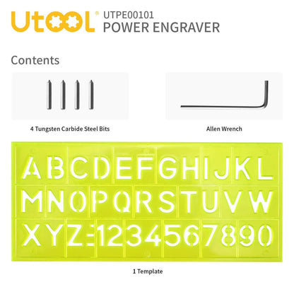 UTOOL Engraver Pen with Letter/Number Stencil, 24W Handheld Etching Tool for Wood Metal Glass Engraving with 4 Replaceable Tungsten Carbide Steel Bits
