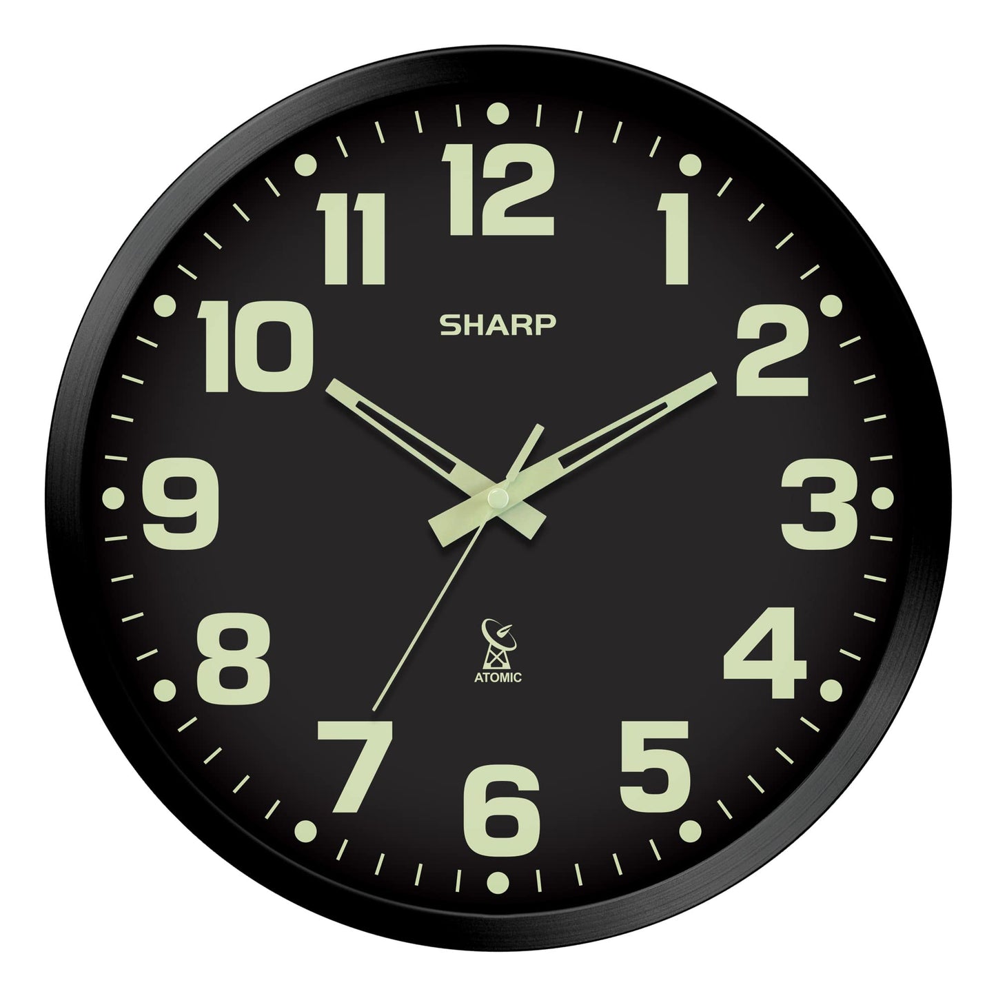 Sharp Glow in The Dark Atomic Analog Wall Clock - 12" Clock with Black Frame - Sets Automatically - Battery Operated - Easy to Read - Easy to Use – See Day or Night!