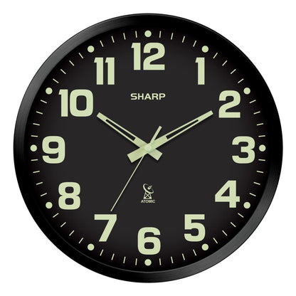 Sharp Glow in The Dark Atomic Analog Wall Clock - 12" Clock with Black Frame - Sets Automatically - Battery Operated - Easy to Read - Easy to Use – See Day or Night!