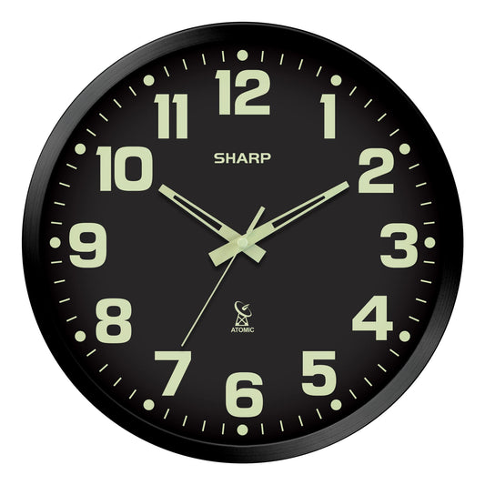 Sharp Glow in The Dark Atomic Analog Wall Clock - 12" Clock with Black Frame - Sets Automatically - Battery Operated - Easy to Read - Easy to Use – See Day or Night!