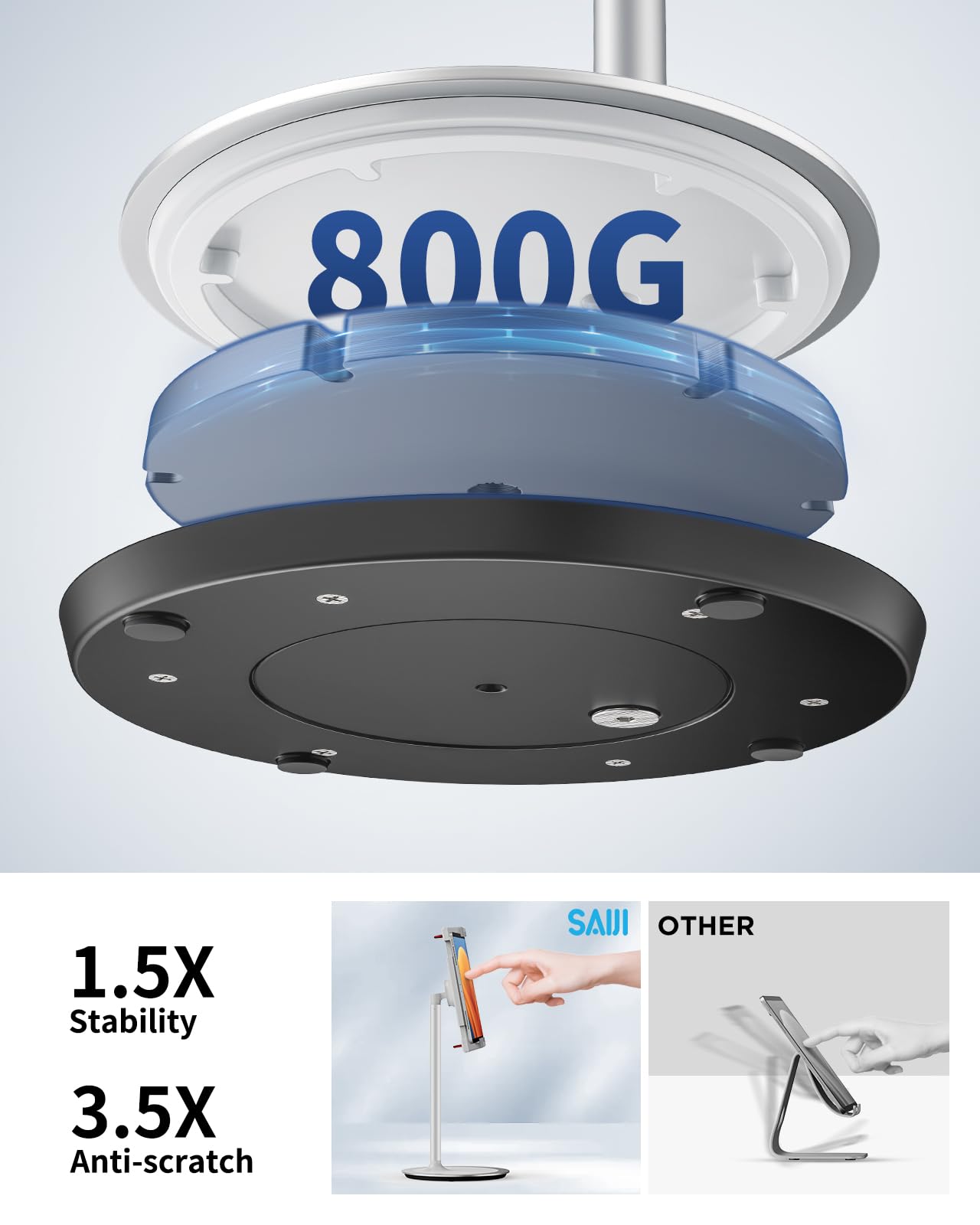 SAIJI Tablet Stand Holder, Height Adjustable Portable Monitor Stand, 360 Degree Rotating, Aluminum Alloy Cradle Mount Dock for 4.7"-15.6" Screen iPhone Samsung, iPad, Kindle, eBook Reader (Silver)