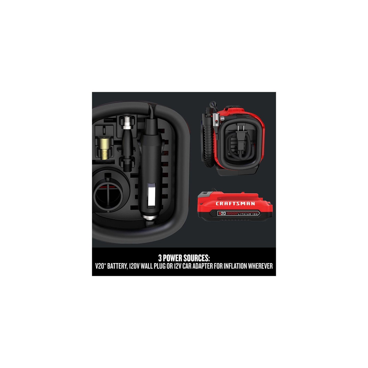 CRAFTSMAN V20 Tire Inflator, Portable Air Compressor, 3 Modes: Cordless, 120V Corded, and 12V Car Adapter, Air Pump, Battery Sold Separately (CMCE520B)