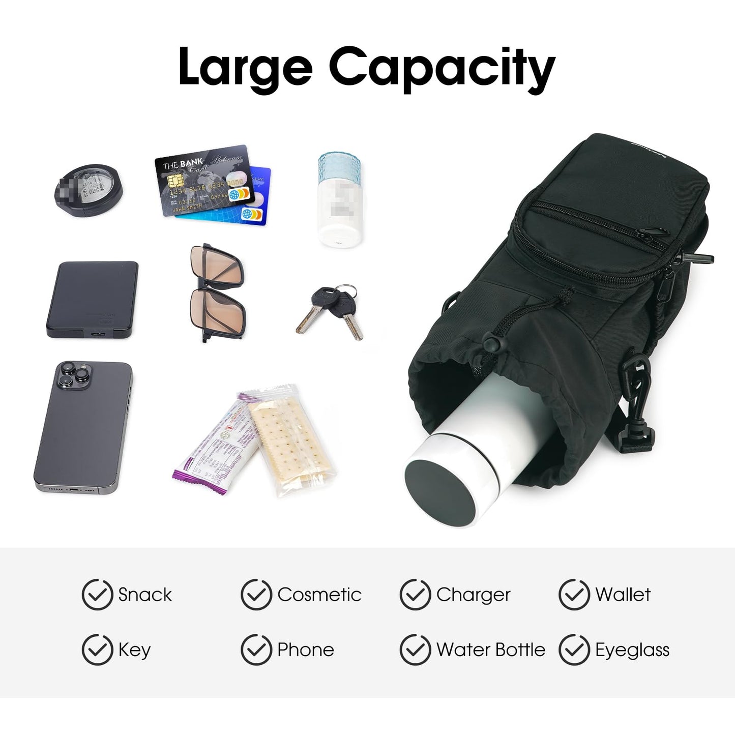 sportsnew Water Bottle Holder with Strap 32oz 40oz Insulated Water Bottle Carrier Sling Bag with Phone Pocket Tumbler Bag Cup Sleeve Crossbody Pouch for Walking Hiking Travelling, Black