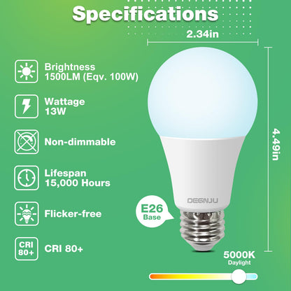 DEGNJU LED Light Bulbs, 100 Watt Equivalent LED Bulbs A19, 5000K Daylight, E26 Standard Base, 1500 Lumens, Non-Dimmable, 13W Bright White E26 Bulbs for Bedroom Home Office, 24 Pack