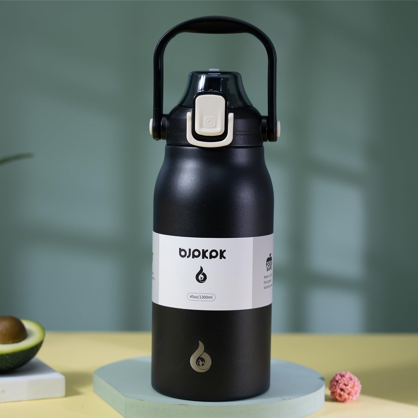 BJPKPK Insulated Water Bottles with Straw, 45 oz Stainless Steel Metal Water Bottle with One-handed Opening Lid, BPA Free Reusable Jugs, Thermo for Gym Sports Outdoors, Black