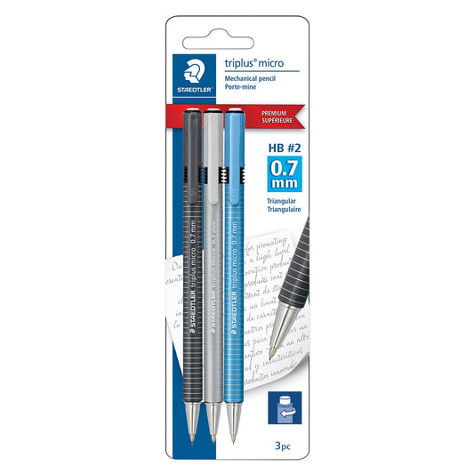 STAEDTLER Triplus Micro Mechanical Pencils 0.7mm HB #2, Ergonomic, 3-Pack with Twist-Top Eraser, Drawing & Drafting Tools, Break-Resistant Lead
