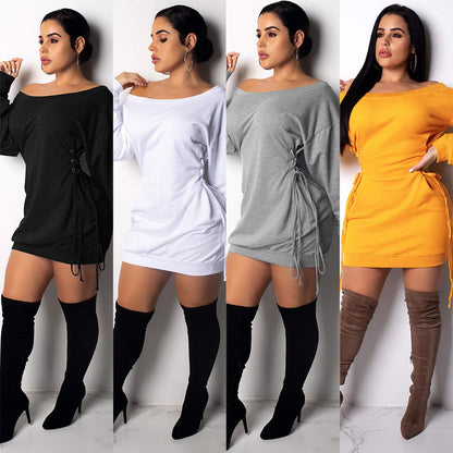 Deloreva Women Long Sweatshirt Dress - Off The Shoulder Tunic Top Oversized Loose Fit T Shirt Mini Dress Black XL