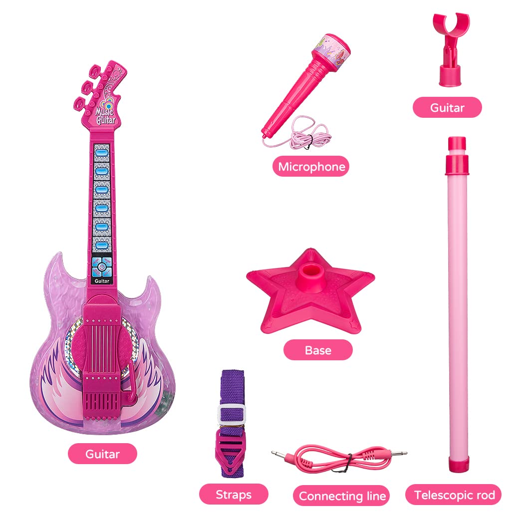 TAKIHON Guitar and Microphone Set for Kids,Guitar Toys with Music&Colorful Light,Adjustable Height Microphone with Stand,Karaoke Toys Gift for Boy,Girls,Toddlers(Red)-Upgraded