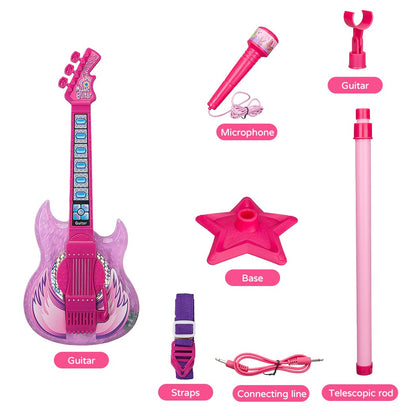 TAKIHON Guitar and Microphone Set for Kids,Guitar Toys with Music&Colorful Light,Adjustable Height Microphone with Stand,Karaoke Toys Gift for Boy,Girls,Toddlers(Red)-Upgraded