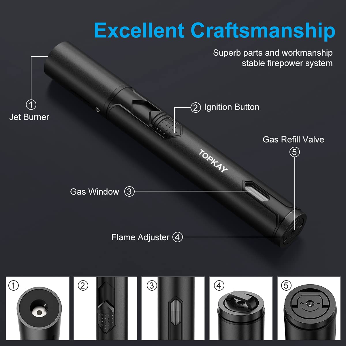 Torch Lighters, 2 Pack, Butane Lighters, Adjustable Jet Flame Torch Lighters, Wind Resistant Butane Refillable Gas Torch Lighter Long Lighter for Camping Candle Grill BBQ Fireworks (Gas Not Included)