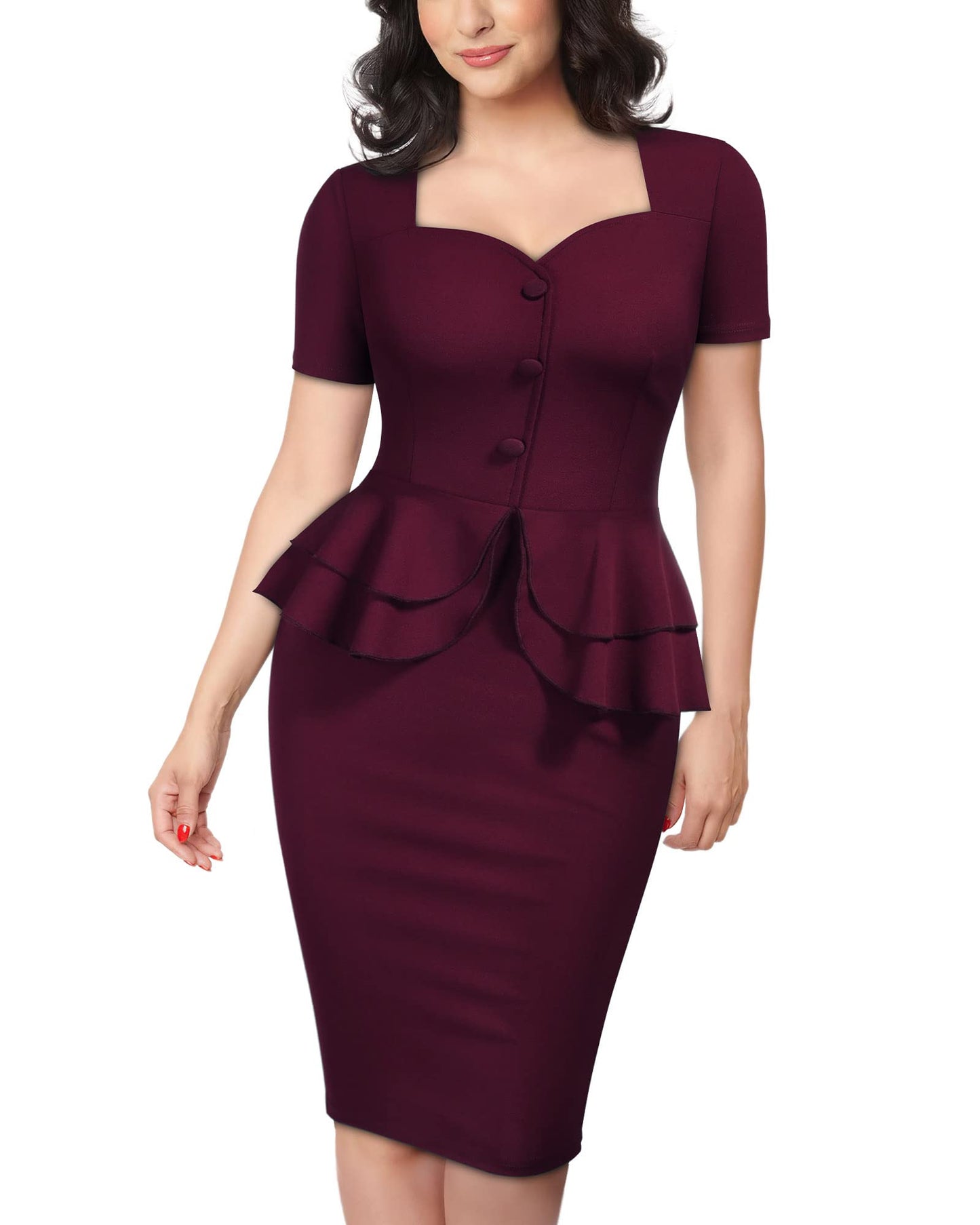 AISIZE Women's 1940s Vintage Square Peplum Bodycon Cocktail Dress XX-Large Burgundy