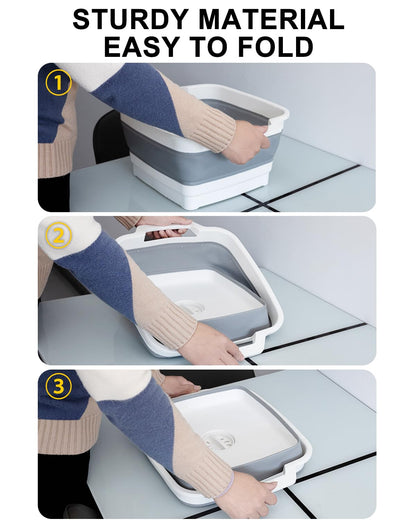 Collapsible Wash Basin with Drain Plug 9L (2.4Gal), Dishpan for Washing Dishes Basin,Collapsible Dish Tub Portable Sink for Kitchen Sink, Camping RV Washing Tub(Gray)