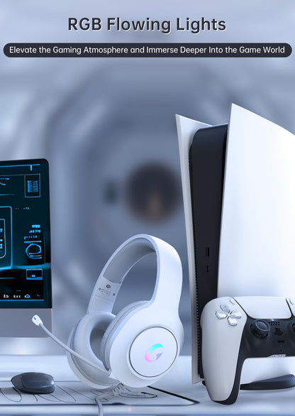 syndesmos CM7002 Gaming Headset for PS5, PS4, PC, Mac, Switch, Xbox Series, Surround Sound RGB Gaming Headphones with Noise Canceling Microphone, 50MM Dynamic Drivers, 3.5MM Audio Jack, Light White