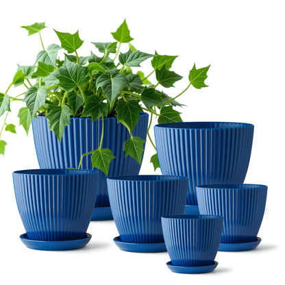 RooTrimmer 7.5/6.5/5.5/4.9/4.2/3.5 Inch Plant Pots with Saucers & Drain Holes - Indoor/Outdoor Flower Pots for Succulents, Herbs, Cactus - Modern Lightweight Durable Planter Set, Blue