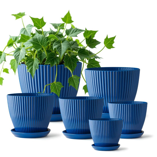 RooTrimmer 7.5/6.5/5.5/4.9/4.2/3.5 Inch Plant Pots with Saucers & Drain Holes - Indoor/Outdoor Flower Pots for Succulents, Herbs, Cactus - Modern Lightweight Durable Planter Set, Blue