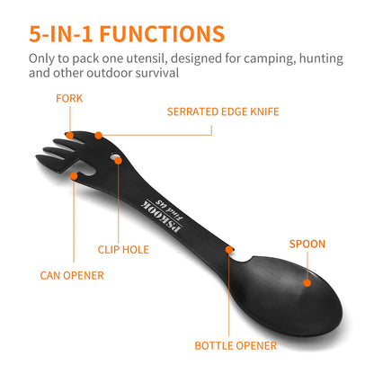 PSKOOK 5-in-1 Utility Tactical Spork, 2-Pack Stainless Steel Spoon & Bottle Opener, Fork & Knife, Can Opener Combo Camping Utensil for Hiking, Camping or Backpacking (Black & Matte Silver)
