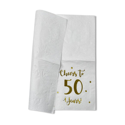 Cheers to 50 Years Cocktail Napkins | Happy 50th Birthday Decorations for Men and Women and Wedding Anniversary Party Decorations | 50-Pack 3-Ply Napkins | 5 x 5 inch folded (White)