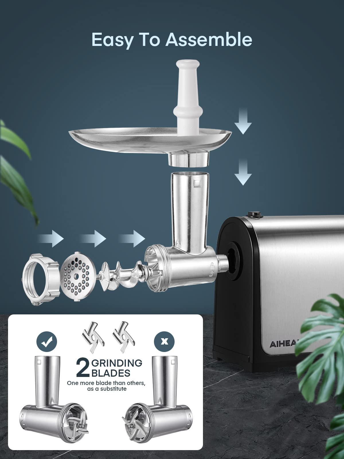 Electric Meat Grinder, Sausage Stuffer with 3 Sausage Tubes, 2 Blades, 3 Plates, 3200W Max, Meat Grinder Heavy Duty for Home Kitchen Use, Stainless Steel (Black)