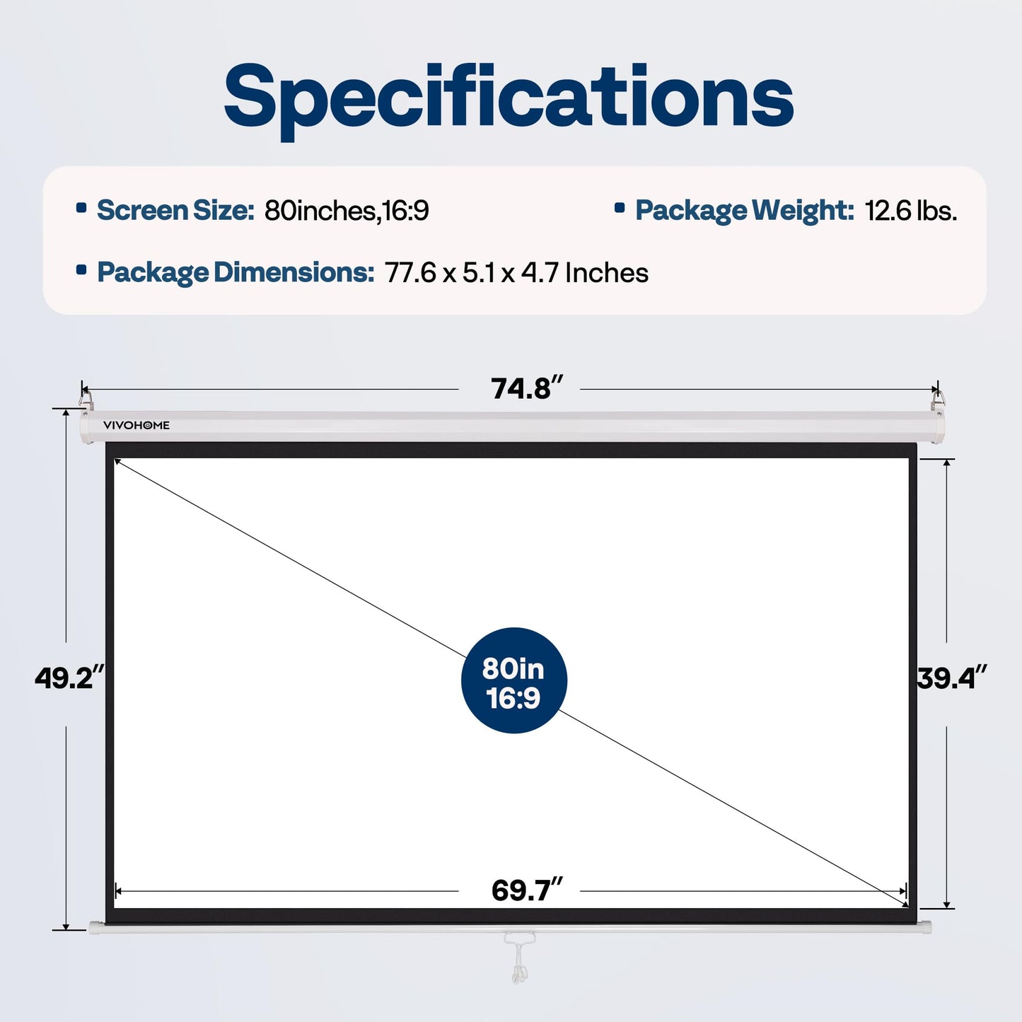 VIVOHOME Projector Screen Pull Down, 16:9 80 Inch Retractable Projection Screen, HD 4K Manual Pull Movie Screen for Home Theater, Cinema, Office (70x40 Inch White)