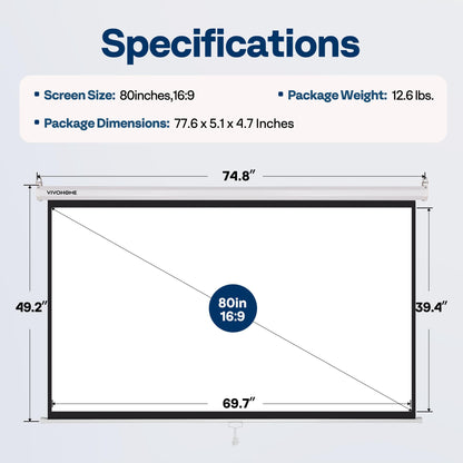 VIVOHOME Projector Screen Pull Down, 16:9 80 Inch Retractable Projection Screen, HD 4K Manual Pull Movie Screen for Home Theater, Cinema, Office (70x40 Inch White)