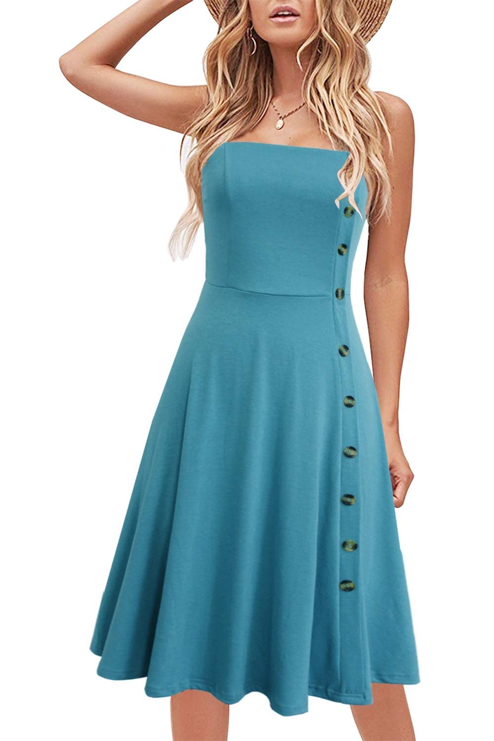 Sexy Sleeveless Knee Length Solid Cotton Fit and Flare Summer Wedding Party Button Down Light Blue Sundress