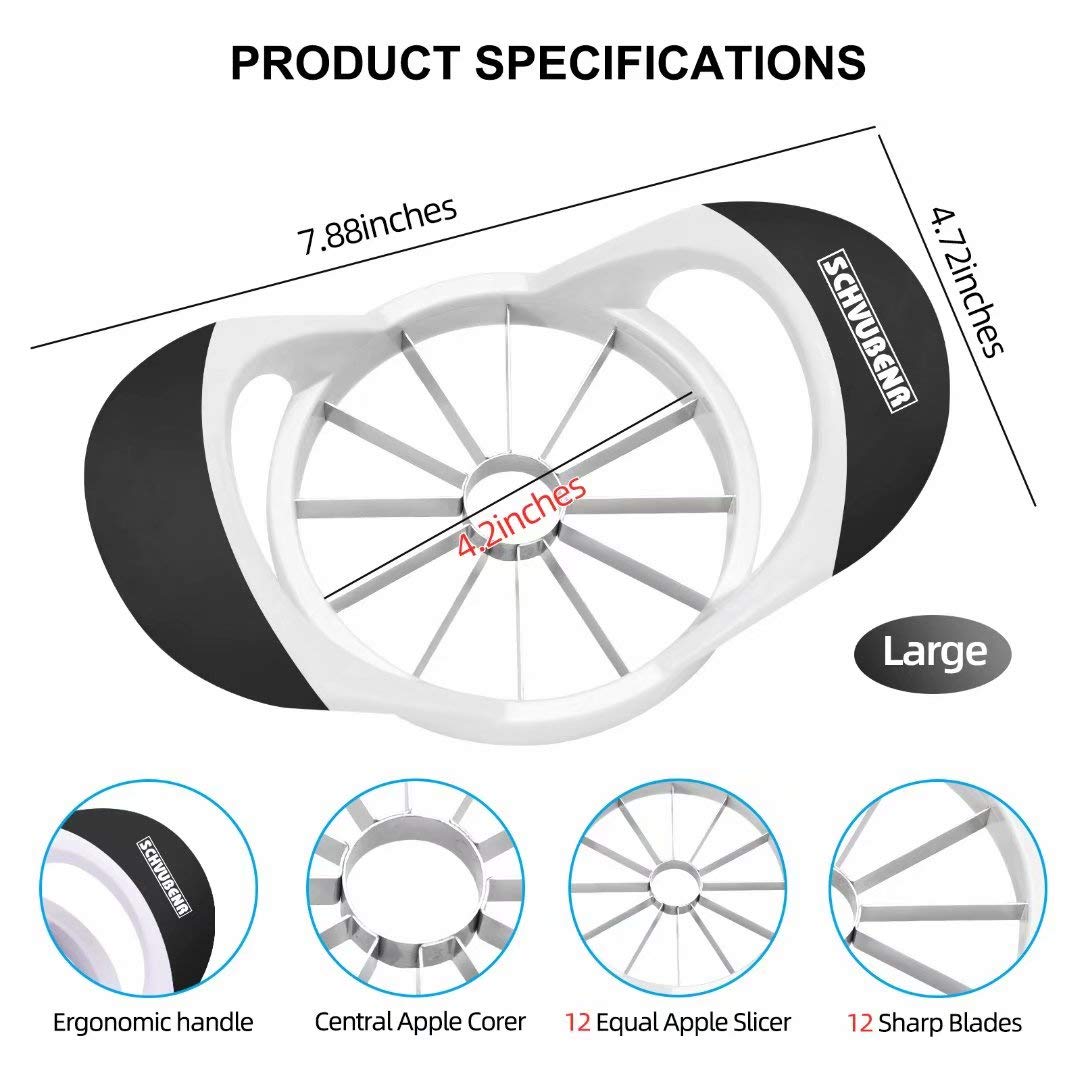 SCHVUBENR 4.72 Inch Large Apple Slicer with 12 Blades - Professional Apple Cutter - Stainless Steel Apple Corer - Sharp Apple Slicer and Corer - Apple Corer Tool - Dishwasher Safe(Black)